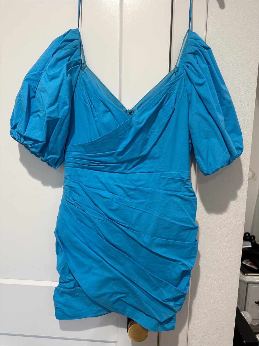vestique Turquoise Puff-Sleeve V-Neck Mini Dress